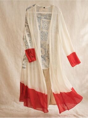Origami Beautiful  Red and White Sheer Long Cardigan New Without Tags Small